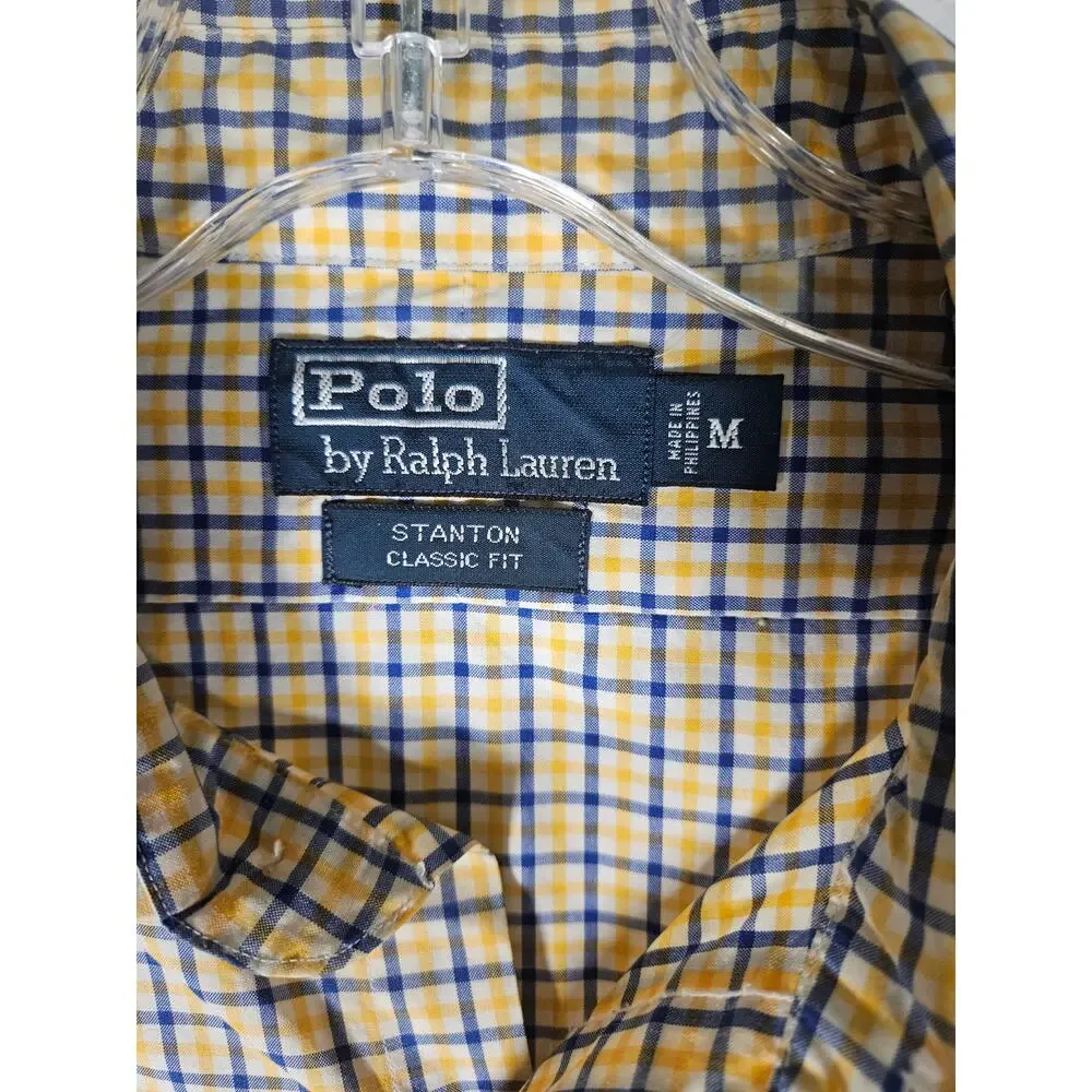 Ralph Lauren Polo Mens Polo Shirt Plaid Yellow Blue Logo Size Medium Stanton Fit